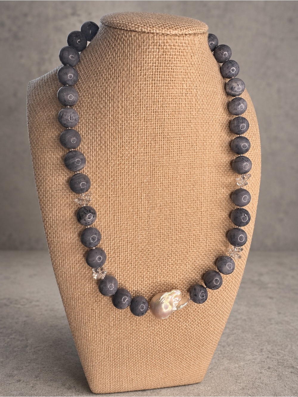 Hand Crafted Gray Bead Necklace with Pearl Accent